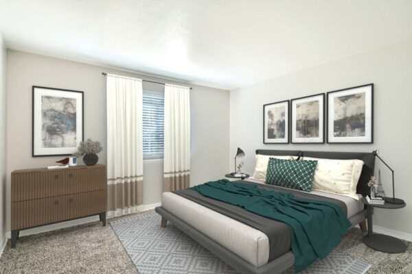 Tempe Vista apartment bedroom with carpet, plush bed with headboard, and large window.