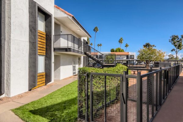 Tempe Vista apartments with fenced dog run and lush landscaping.