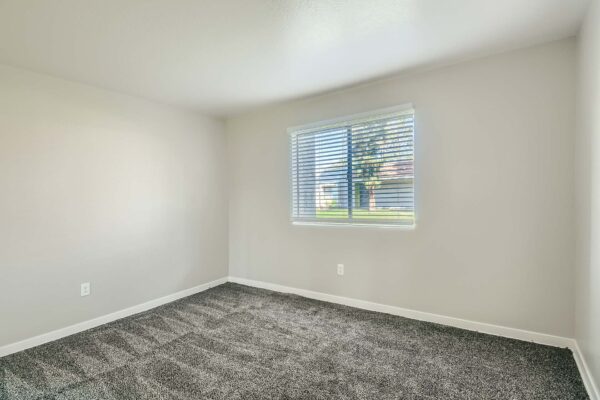 Tempe Vista apartment bedroom with plush carpet and large window.