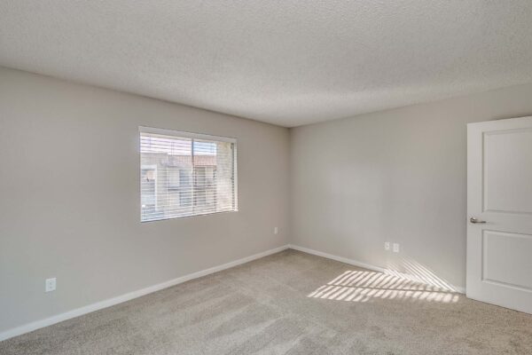 Tempe Vista apartment bedroom with plush carpet and large window.