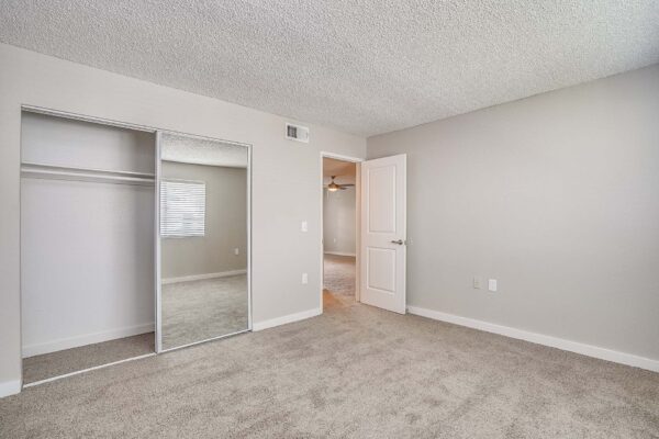 Tempe Vista apartment bedroom with plush carpet and large closet.