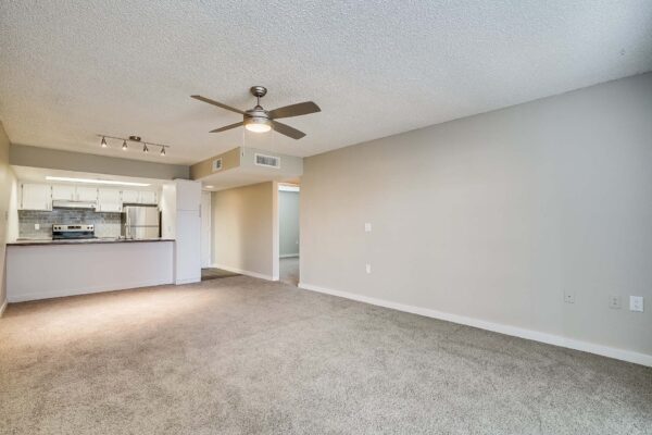 Tempe Vista apartment living room with plush carpet and modern kitchen.
