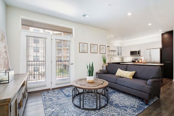 The Locale apartment living room with pattern rug, plush seating, elegant decor, and large balcony door.