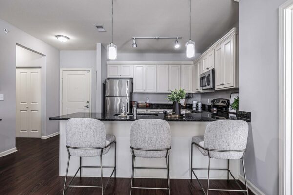 Village West apartment kitchen with wood style floor, light cabinets, dark counters, and stainless steel appliances.