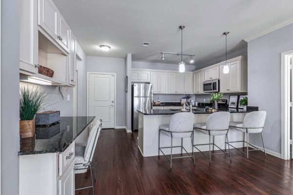 Village West apartment kitchen with wood style floor, light cabinets, dark counters, and stainless steel appliances.