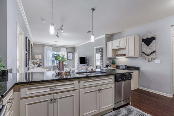 Village West apartment kitchen with wood style floor, light cabinets, dark counters, and stainless steel appliances.