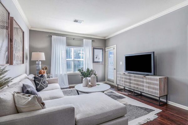 Village West apartment living room with pattern rug, plush sectional, console with TV, and large windows.