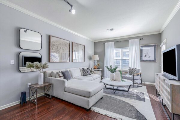 Village West apartment living room with pattern rug, plush sectional, console with TV, and large windows.