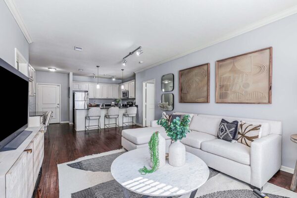 Village West apartment living room with pattern rug, plush sectional, console with TV, and large artwork.
