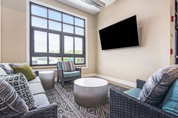 Village at Mission Farms apartments lounge with plush seating and TV.