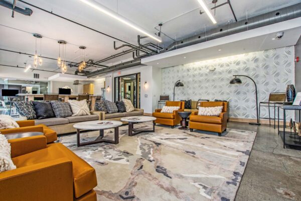 Village at Mission Farms apartments lounge with plush seating, pattern rug, and concrete floors.