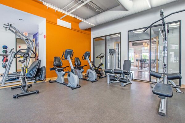 Village at Mission Farms apartments fitness center with cardio machines and weight equipment.