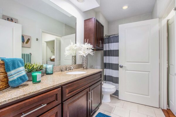 Village at Mission Farms apartment bathroom with tile floor, wood style cabinets, stone counters, and large mirror.