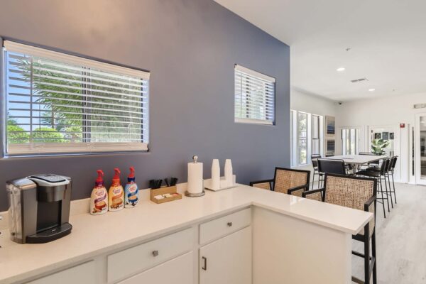 Villas at Mountain Vista Ranch apartments coffee bar with K-cup machine and breakfast bar.