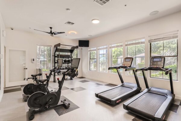 Villas at Mountain Vista Ranch apartments fitness center with cardio machines, weight equipment, and large windows.