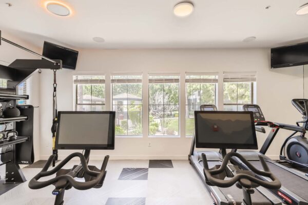 Villas at Mountain Vista Ranch apartments fitness center with cardio machines, weight equipment, and TVs.