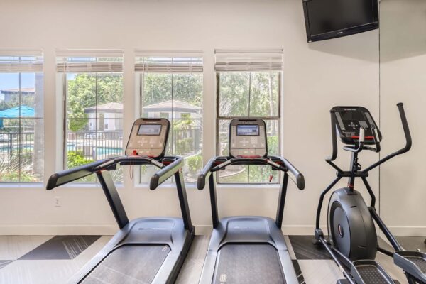Villas at Mountain Vista Ranch apartments fitness center with cardio machines, TV, and large windows.