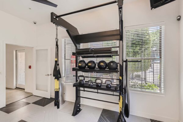 Villas at Mountain Vista Ranch apartments fitness center with calisthenics equipment and large windows.
