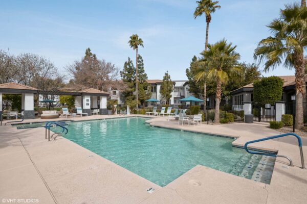 Villas at Mountain Vista Ranch apartments pool area with lounge chairs and tall palm trees.