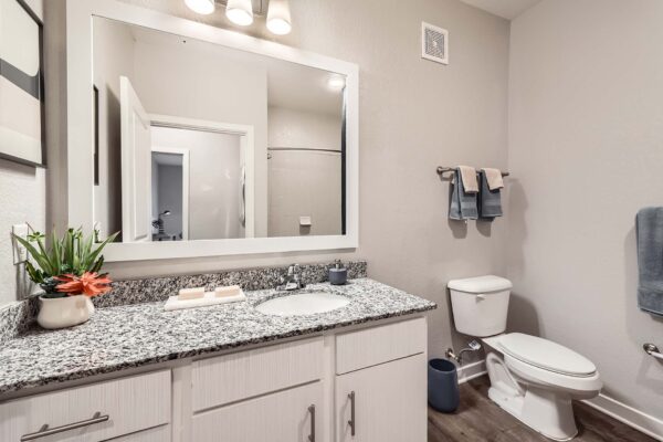 The Avery apartment bathroom with wood style floor, white cabinets, stone counters, and framed mirror.