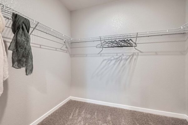 The Avery apartment closet with built in wire shelves.