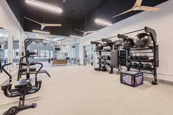 Springs at Alta Mesa apartments fitness center with cardio machines and weight equipment.