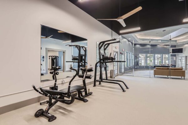 Springs at Alta Mesa apartments fitness center with weight equipment.