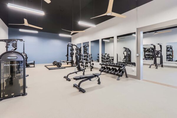 Springs at Alta Mesa apartments fitness center with weight equipment.