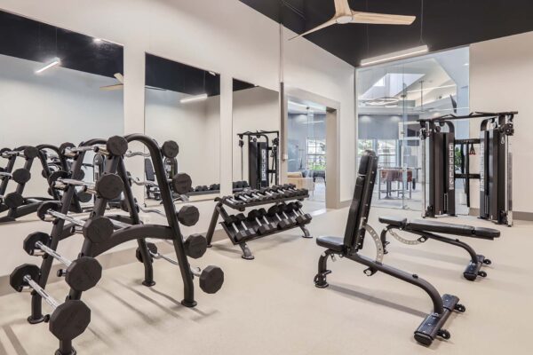 Springs at Alta Mesa apartments fitness center with weight equipment.