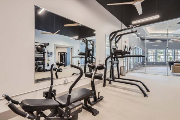 Springs at Alta Mesa apartments fitness center with weight equipment.