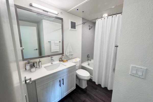 29x apartment bathroom with wood style floor, gray cabinets, light counters, and framed mirror.