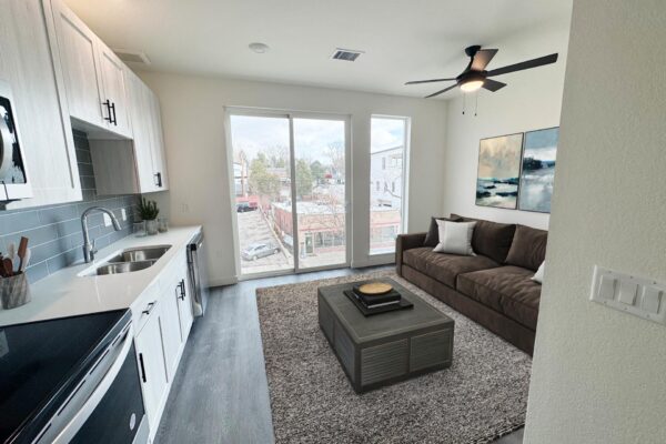 29x apartment living room with wood style floor, plush couch, ceiling fan, and large windows.