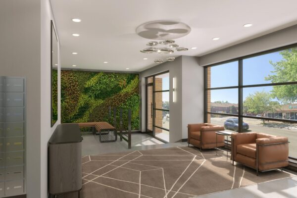 29x apartments lobby with plant wall, plush seating, large windows, and decorative lighting.