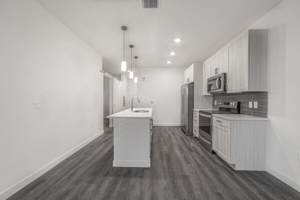 29x apartment kitchen with wood style floor, gray cabinets, light counters, pendant lights, and stainless steel appliances.