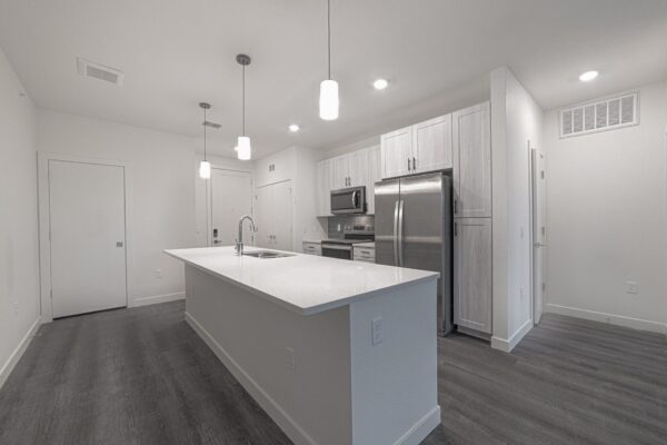 29x apartment kitchen with wood style floor, gray cabinets, and stainless steel appliances.