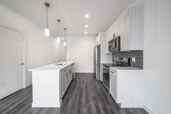 29x apartment kitchen with wood style floor, gray cabinets, light counters, and stainless steel appliances.