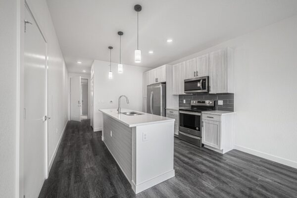 29x apartment kitchen with wood style floor, gray cabinets, light counters, and stainless steel appliances.