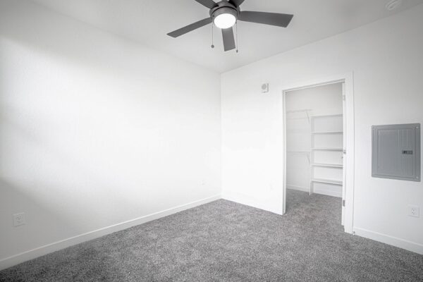 29x apartment bedroom with plush carpet, ceiling fan, and large closet.