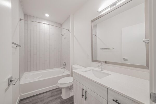 29x apartment bathroom with wood style floor, gray cabinets, light counters, framed mirror, and tiled shower tub.