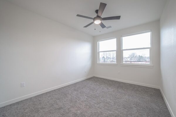 29x apartment bedroom with plush carpet, large windows, and ceiling fan.