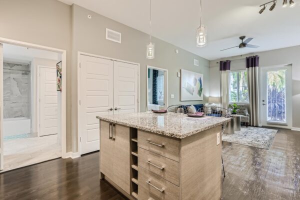 500 Ocean apartment kitchen with wood style floor, gray cabinets, stone counters, and breakfast bar.