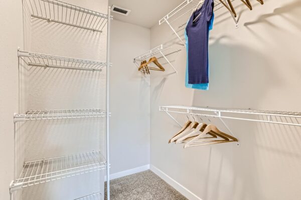 500 Ocean apartment closet with plush carpet and built in shelves.