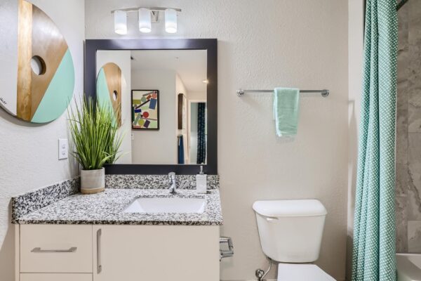 500 Ocean apartment bathroom with white cabinets, stone counters, framed mirror, and artwork.