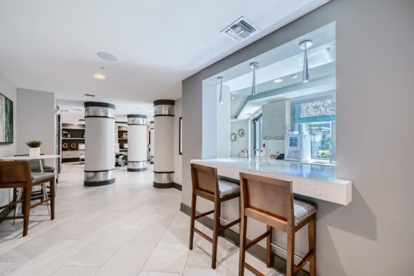 500 Ocean apartments common area with elegant coffee bar.