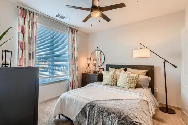 Arte St. Pete apartments bedroom with ceiling fan, window, and carpet flooring
