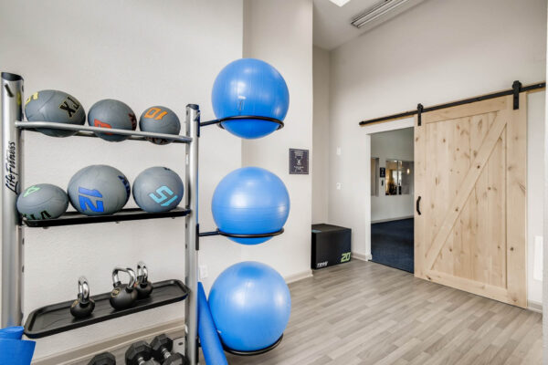 Copper Ridge apartments fitness center with exercise balls and calisthenics equipment.
