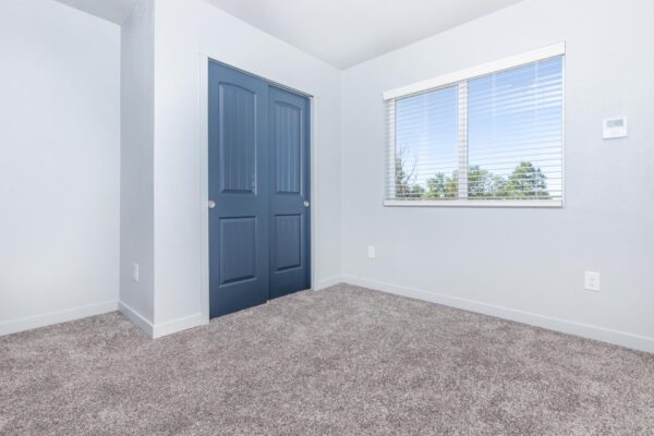 Cottages at Torin Point apartment bedroom with plush carpet, blue closet door, and large window.