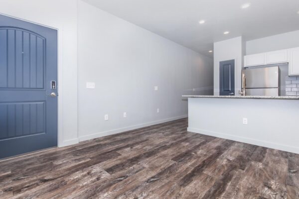 Cottages at Torin Point apartment living area with wood style floor, blue doors, and gray walls.