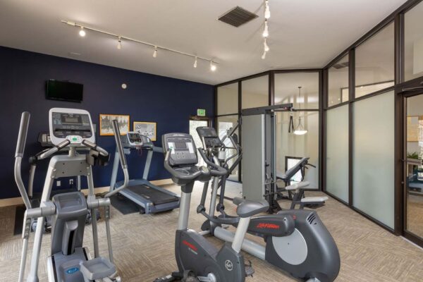 Flats at Pinecliff apartments fitness center with cardio machines and weight equipment.