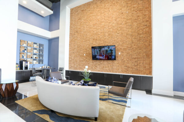 Forum Fitzsimons apartment lounge with plush seating and wall mounted TV.